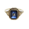 Diamond Synthetic Sapphire Ring 14k Yellow Gold Filigree 1940s Antique Art Deco