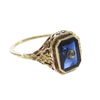 Rose Diamond Synthetic Sapphire Cocktail Ring 14k Yellow Gold Filigree 1940s Antique Art Deco 6CTW