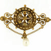 Brooch with Citrine Stones and Dangling Pearl 14k Yellow Gold