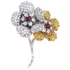 6.55CTW Fancy Yellow Diamond Ruby Large Flower Brooch Pin Solid 14k White Gold
