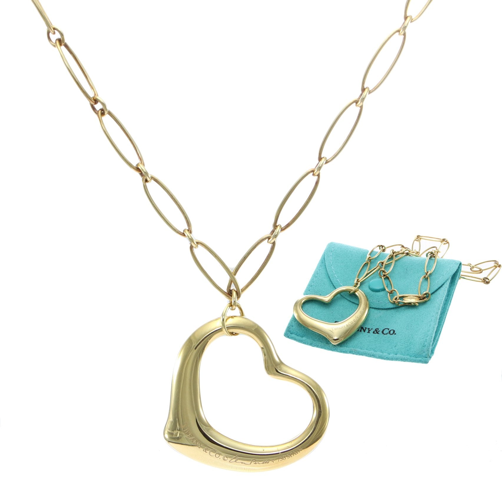 Tiffany & Co. Elsa Peretti Large Open Heart Pendant Chain Necklace 18k Gold  36mm