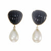 Ribbed Onyx Teardrop Dangle Pearl Stud Earrings 14k Yellow Gold 9.3g
