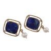 Lapis Lazuli Diamond Pearl Drop Dangle Earrings Solid 14k Yellow Gold Wide Cushion