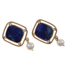 Lapis Lazuli Diamond Pearl Drop Dangle Earrings Solid 14k Yellow Gold Wide Cushion