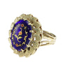 Oval Blue Glass Floral Inlay Cocktail Ring 14k Yellow Gold Womens Vintage Estate