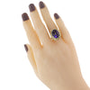 Oval Blue Glass Floral Inlay Cocktail Ring 14k Yellow Gold Womens Vintage Estate