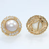 Estate 14k Yellow Gold 12mm Pearl 1.12ctw Diamond Ribbed Cocktail Clip Earrings