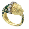 Lion Head Diamond Green Enamel Vintage Antique Wrap Ring 14k Yellow Gold 0.70ctw