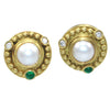 Judith Ripka 18k Yellow Gold 9mm Pearl .50ct Diamond Cabochon Emerald Earrings