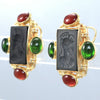 Roman Soldier Onyx Intaglio Carnelian Green Tourmaline Earrings 14k Yellow Gold